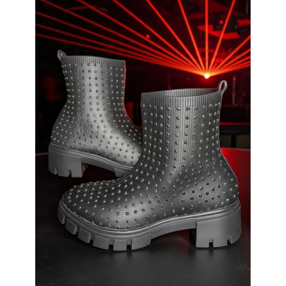 Mudd Black Rhinestone Sock Boots Women's 9 Chunky Lug Sole Goth Grunge